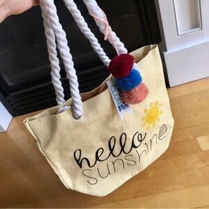 Cruise Club “Hello Sunshine” Straw Tote Bag, Rope Handles, Tan, Black, Yellow